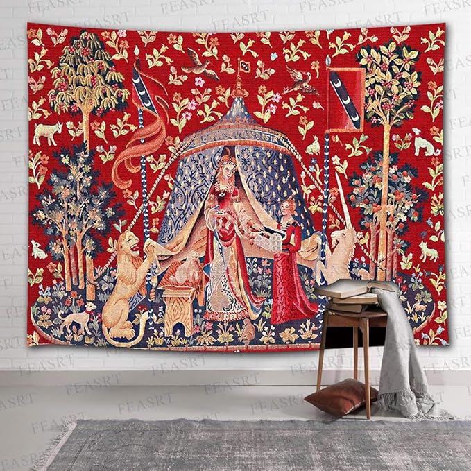 FEASRT GTQQAY1210 Medieval Princess Tapestry - Maiden & Unicorn Design, 80x60 inches, Perfect for Bedroom & Living Room Decor