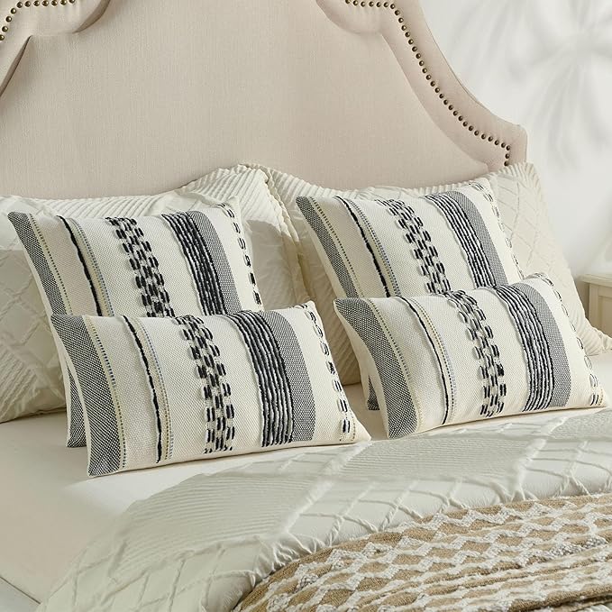 FUTEI Black White Decorative Throw Pillow Covers 18x18 Inch Set of 2, Soft Tufted Striped Textured Accent Cushion Case,Boho Pillows for Couch Decor