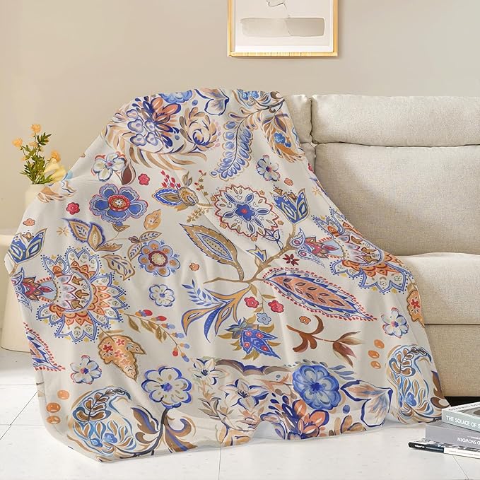 Boho Floral Throw Blanket, Bohemian Soft Cozy and Warm Couch Blankets Gift for Flower Lover, Decorative Blankets for Sofa Couch Bed, Gray Blue 50×60 inches