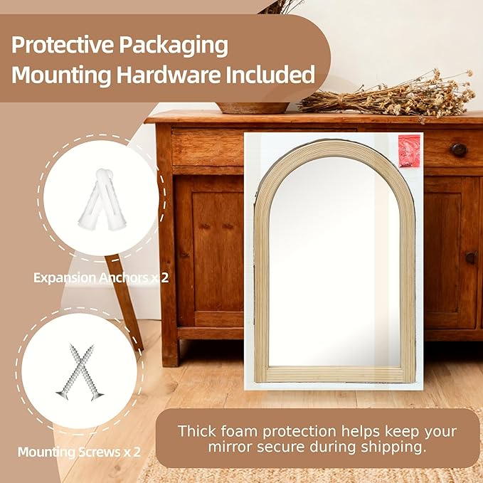24" x 36" Arched Wall Mirror, Handwoven Natural Bamboo (Warm Tone) Strip Frame, 2-Inch Deep Textured Design, Boho Coastal Mirror for Entryway, Bedroom, Living Room, Vertical Hanging
