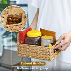 4 Small 3.6 QT Water Hyacinth Wicker Baskets for Shelves, 10" Long Woven Pantry Organizers and Storage Basket, Decorative Ratten Shallow Rectangle Baskets for Organizing Countertop Bathroom