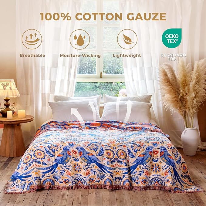 Boho Throw Blanket for Couch Sofa Chair Cotton Spring Blankets for Bedroom Living Room All Season Soft Lightweight Reversible Floral Bird Embroidery Throws 50"x60"