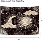 Wonrizon Sun and Moon Tapestry, Aesthetic Black Dark Spiritual Tapestries Mystic Burning Sun with Clouds Star Wall Hanging decor for Bedroom (30"x40")