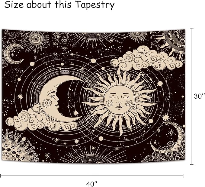 Wonrizon Sun and Moon Tapestry, Aesthetic Black Dark Spiritual Tapestries Mystic Burning Sun with Clouds Star Wall Hanging decor for Bedroom (30"x40")