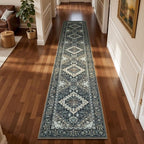 Lessymo Washable Long Runner Rug for Hallway, 2 x 10 Entryway Rugs Boho Faux Wool Low Pile Rug for Kitchen, Floral Medallion Vintage Rugs with Non-Slip Rubber, Black Brown
