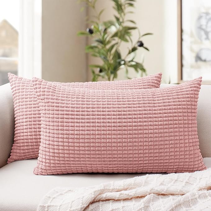 Softalker Throw Pillow Covers 12x20 Inch, Set of 2, Soft Corduroy Boho Stripe Decorative Pillow Cover, Couch Fluffy Pillow Cover for Farmhouse Home Decor Bed Living Room, Pink