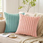Pallene Faux Fur Plush Throw Pillow Covers 24x24 Set of 2, Luxury Soft Fluffy Striped Decorative Pillow Covers for Sofa, Couch, Living Room, Pink