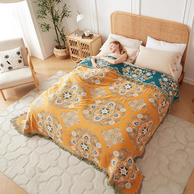 Boho Throw Blanket for Bed 100% Cotton Soft Lightweight Quilt Reversible Spring Blanket Floral Embroidery Home Decor Bed Blankets,90"x98" All Season Blankets for Sofa Couch Chair