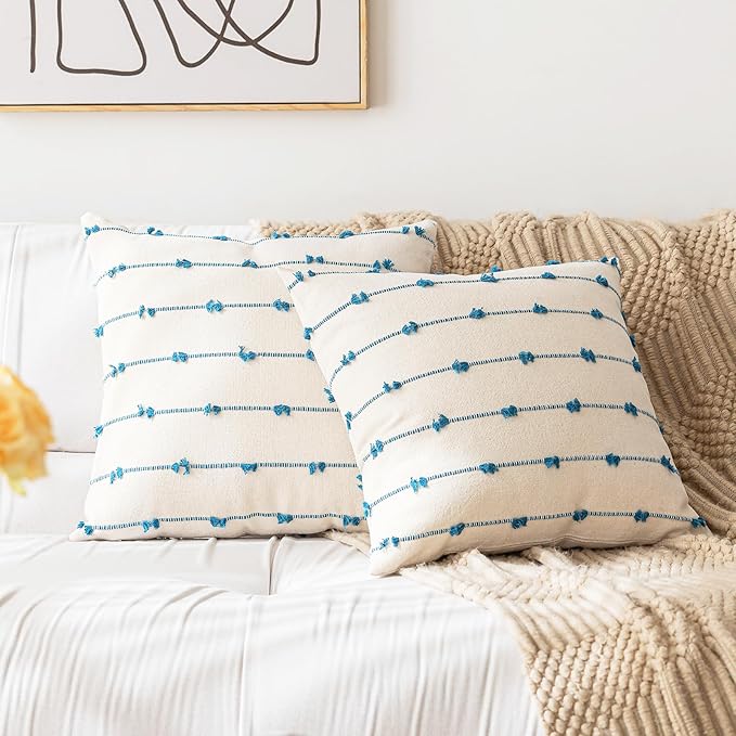 Boho Throw Pillow Covers 22x22 Set of 2 Modern Farmhouse Decorative Cushion Case Tufted Square Pillows Cover Neutral Pillow Cases Accent Pillowcase for Sofa,Couch,Bed,Beige and Blue