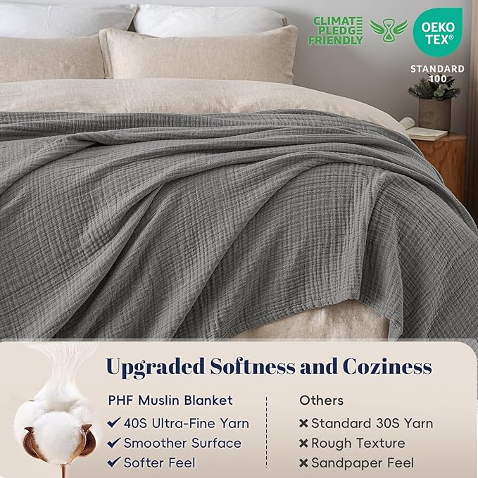 PHF 100% Cotton Muslin Blanket Queen Size 90"x90", 4-Layer Lightweight Gauze Throw, Breathable Cloud-Soft Minimalist Blanket for Bed, Couch, Camping & Baby, Greyish Black, Ideal Gift