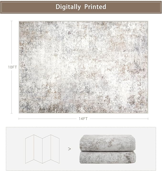 Washable Rugs 10x14 Area Rugs for Living Room,Modern Abstract Rugs for Bedroom,Large Carpets,Ultra Soft Faux Wool Retro Dining Room Rug,Non Slip&Non-Shedding Low Pile Print Rug- Beige Grey
