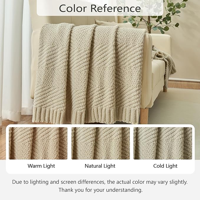 Knitted Throw Blanket 60"X80", Light Beige Knit Throws for Bed, Super Soft Boho Chevron Blankets for Couch Sofa Chair Room Decor, Textured Decorative Farmhouse Cozy Lightweight