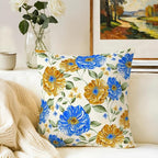 Mustard Yellow Floral Spring Summer Throw Pillows Covers 18x18 Inch Set of 2, Blue Flowers Pillowcases, Boho Square Cushion Covers for Couch Sofa Bedroom Living Room Farmhouse, Boho Spring Home Decor