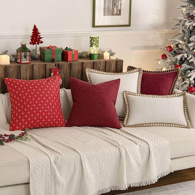 MIULEE Pack of 2 Christmas Decorative Burlap Linen Throw Pillow Covers Modern Farmhouse Pillowcase Rustic Woven Textured Cushion Cover for Sofa Couch Bed 18x18 Inch Christmas Red