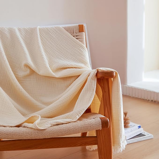 Simple&Opulence Cotton Muslin Throw Blanket 4 Layers for Bed, Couch, Woven Gauze Blanket with Tassels, Soft Lightweight Cozy Pre-Washed Breathable Farmhouse Decoration for All-Season(White)