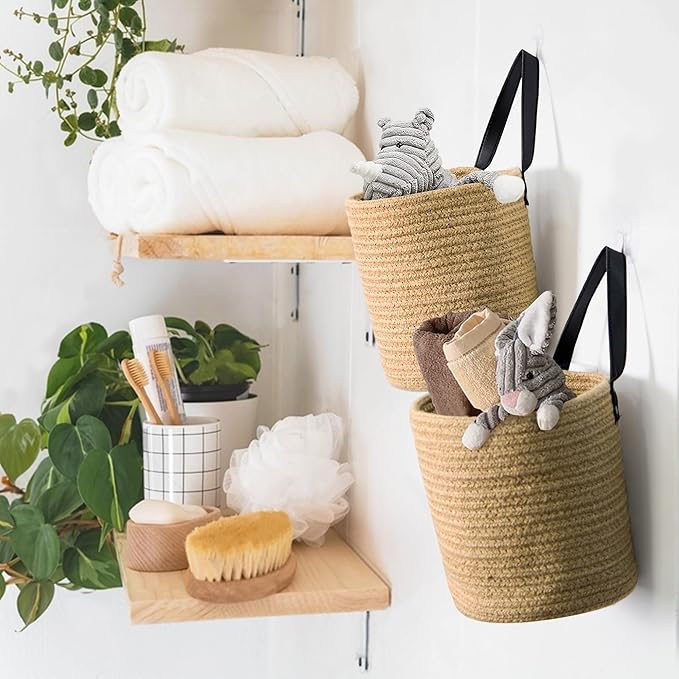 2 Pack Hanging Basket, Small Wall Baskets for Organizing, Wicker Boho Wall Decor Set, Indoor Hanging Plant Holder, Rattan Woven Organizer for Home Decor, Farmhouse Storage Bin, Jute