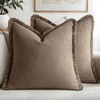 MIULEE Decorative Throw Pillow Covers Neutral Linen Fringe Throw Pillows Set of 2 Cocoa Brown Boho Farmhouse Cushion Covers for Couch Sofa Bed Living Room Spring Home Decor 20x20 Inch