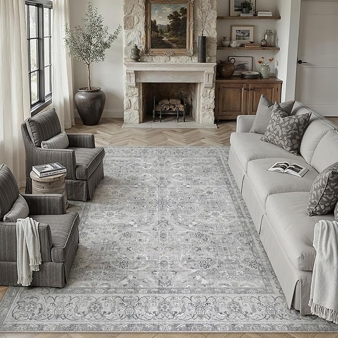 Gray 8x10 Area Rug Washable Living Room Vintage Carpet Bedroom Large Indoor Non Slip Soft Low Pile Thin Stain Resistant Distressed Accent Throw Rug for Dining Office Nursery