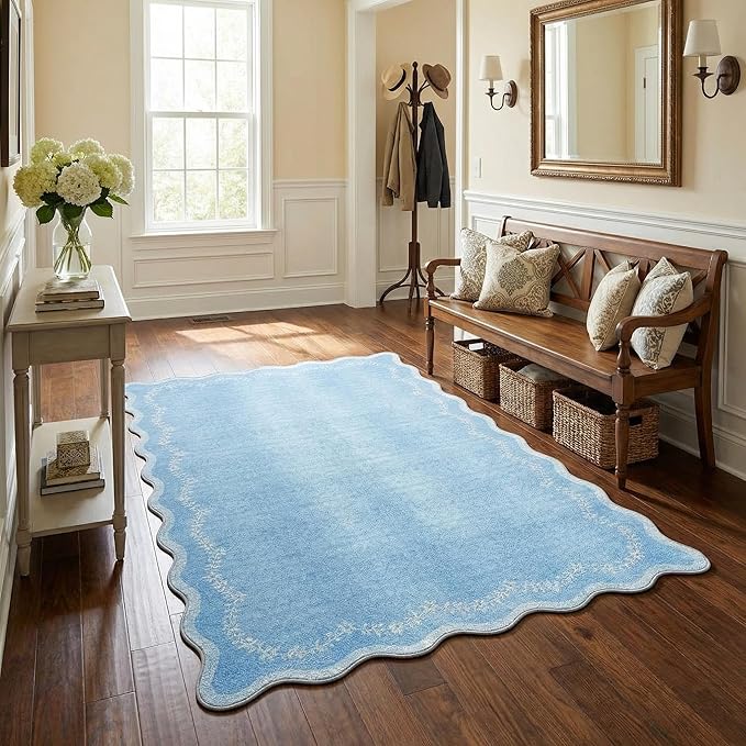 GarveeHome 3x5 Scalloped Washable Area Rug for Bedroom,Soft Solid Blue Entryway Rug Non Slip Low Pile Carpet Stain Resistant Throw Rug for Bedside Kids Room Office Dining Room