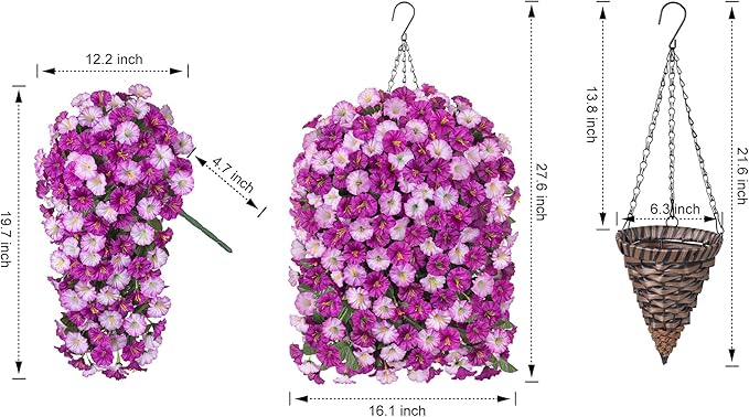 Artificial Fake Hanging Flowers Basket for Outdoor Indoor Decoration,UV Resistant Faux Silk Light Fuchsia and Fuchsia Morning Glory Flowers Plants Realistic Hanging Planter for Outside Home Porch Yard