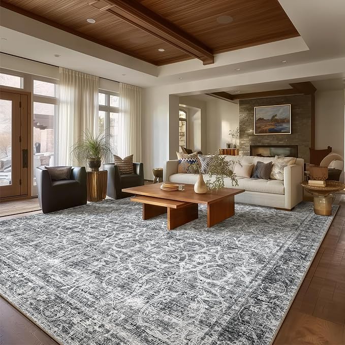 Washable Rugs for Living Room: 9x12 Area Rugs for Bedroom Ultral Soft Non-Slip Stain Resistant Vintage Boho Large Carpet for High-Traffic Dining Room - Farmhouse Decor