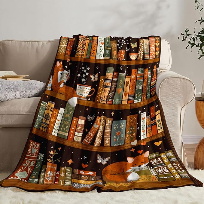 Bookshelf Throw Blanket, Retro Soft Cozy and Warm Couch Blankets Gift for Bookshelf Lover, Decorative Blankets for Sofa Couch Bed, Brown Black 50×60 inches
