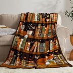 Bookshelf Throw Blanket, Retro Soft Cozy and Warm Couch Blankets Gift for Bookshelf Lover, Decorative Blankets for Sofa Couch Bed, Brown Black 50×60 inches
