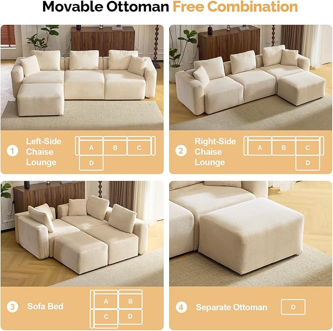 VINGLI 112.2“ Convertible Corduroy Cloud Sectional Couches with Movable Ottoman, L-Shaped Boneless Couches for Living Room with Deep Seat, 3 Seater Modular Spineless Sofa, No Assembly Required, Cream