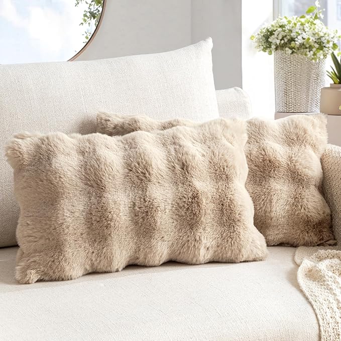 MIULEE Faux Fur Pillow Covers Thick Soft Plush Lumbar Throw Pillows Luxury Spring Home Decor for Couch Bed Bedroom Living Room Sofa,12x20 Inch Pack of 2 Khaki