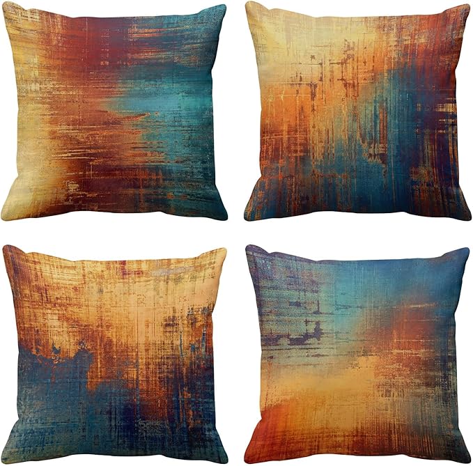 Emvency Set of 4 Throw Pillow Covers Vintage Abstract Blue and Orange Messy Rust Painting Decorative Pillow Cases Home Decor Standard Square 22x22 Inches Pillowcases