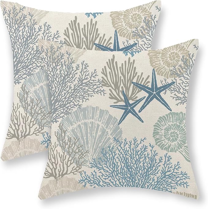 Nautical Coastal Pillow Covers 20x20 Set of 2 Blue Beach Themed Ocean Seashell Coral Starfish Throw Pillows Summer Outdoor Decorative Pillow Cases Linen Cushion Case for Home Bedroom Decor