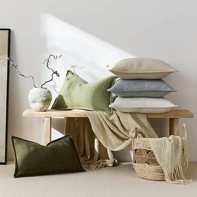 12x20 Linen Pillow Covers Sage Green Pack of 2 Farmhouse Boho Neutral Accents Striped Textured Rectangular Lumbar Decorative Throw Pillow Cases for Living Room Couch Bed Home Decor