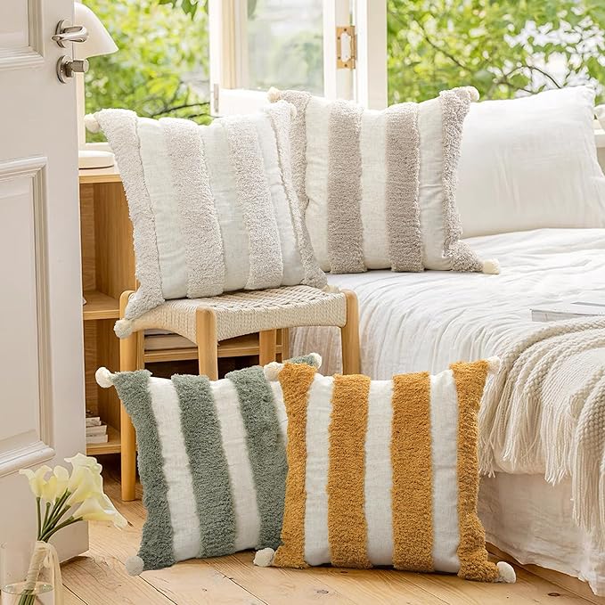 Boho Pillow Covers 18X18 Inch Boho Tufted Linen Throw Pillow Covers Decorative Pompoms Cushion Cover Farmhouse Pillow Case for Couch Sofa Bed Living Room Bedroom,Oliver Green