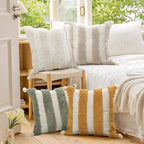 Boho Pillow Covers 18X18 Inch Boho Tufted Linen Throw Pillow Covers Decorative Pompoms Cushion Cover Farmhouse Pillow Case for Couch Sofa Bed Living Room Bedroom,Cream White