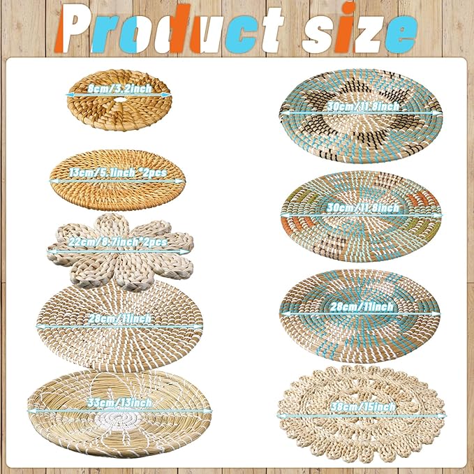 11 Pcs Boho Hanging Wall Basket Decor Handmade Woven Basket Wall Decorative Boho Wicker Baskets Placemats Round Farmhouse Bulrush Art for Rustic Home Decorations Christmas Gift(Bright)