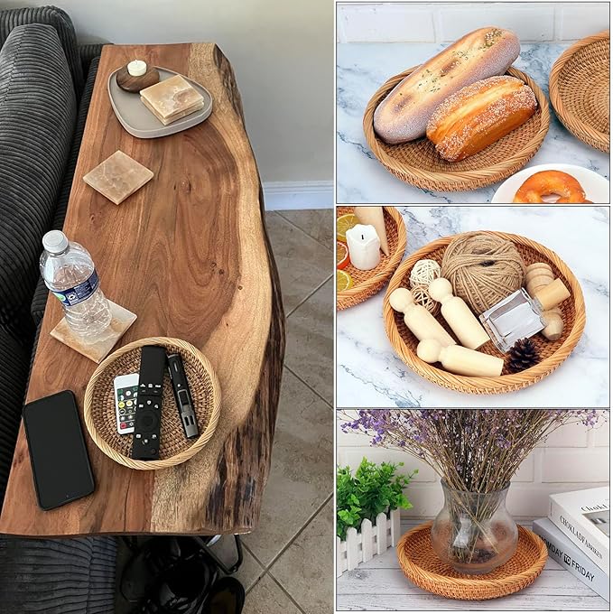 3 Pack Round Rattan Basket Bowl, 8.6 Inch Hand-Woven Rattan Basket for Entryway, Round Wicker Storage Baskets, Suitable for Food Serving, Keys Tray, and Home Decoration