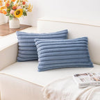 Pack of 2 Faux Fur Christmas Throw Pillow Covers 12x20 Inch, Soft Plush Striped Neutral Couch Pillow Cover, with Velvet Back Modern Home Decor for Sofa Living Room Couch Bed Blue