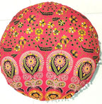 CRAFT KALA Mandala Floor Pillow Cushion Cover Seating Throw Cover Hippie Decorative Bohemian Ottoman Poufs Pom Pom Pillow Cases Boho Indian Cotton Living Room Home Décor 24" Round Set Of 2, Red Mirchi