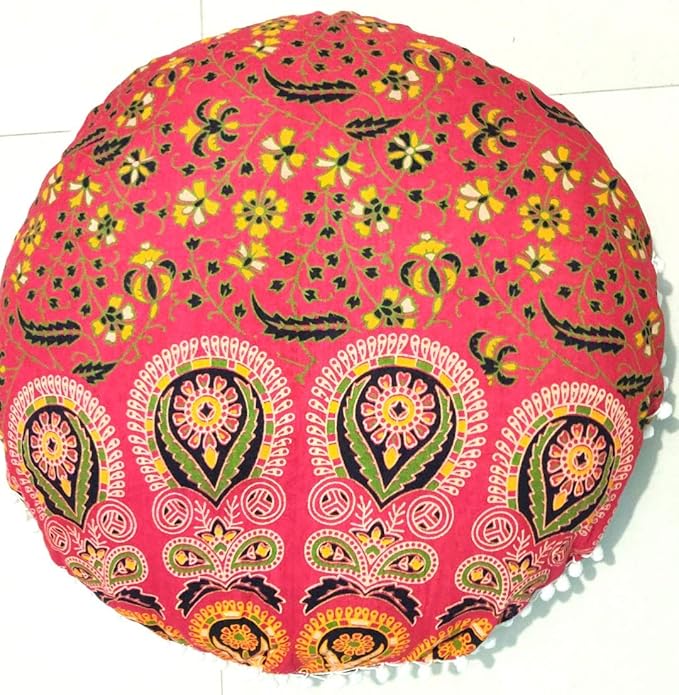 CRAFT KALA Mandala Floor Pillow Cushion Cover Seating Throw Cover Hippie Decorative Bohemian Ottoman Poufs Pom Pom Pillow Cases Boho Indian Cotton Living Room Home Décor 24" Round Set Of 2, Red Mirchi