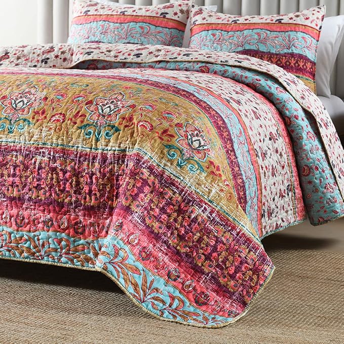 Boho Style Queen Quilt Set Reversible Bohemian Floral Strip Quilt Beddding Set, Soft and Lightweight Bedspread for All Season, Full Size Bed Coverlet with 2 Matching Pillow Shams (3 Pieces)