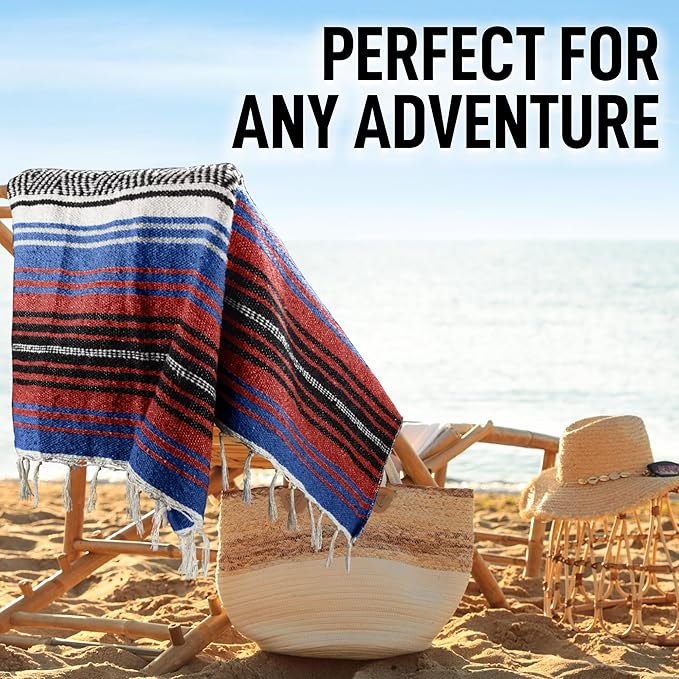 Hydration Nation Authentic Large Handwoven Mexican Striped Throw Blanket - Soft, Durable, Eco-Friendly - 70"x50" - Mariner