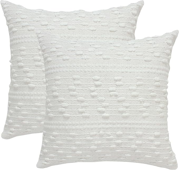 ACCENTHOME Boho Throw Pillow Cover 18x18 Inch (2 Pc) Cotton Hand Woven Decorative Design Pillows For Farmhouse Couch Sofa Bedroom | Off White Tufted Pillow Covers | Home Decor Textured Hug Pillowcases