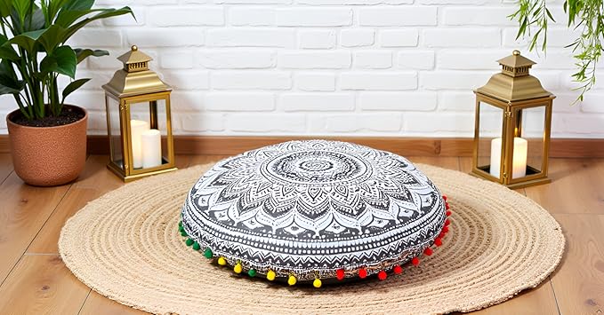 CRAFT KALA Large Round Bohemian Floor Pillow Pouf Cover Mandala Meditation Room Pillow Cover for Adults Boho Seating Poufs Cushion Cover for Kids Playroom 32" Round Grey Ombre