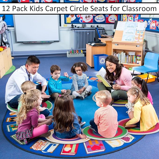 Tinideya 12 Pcs Kids Carpet Circle Seats for Class 16 Inch Round Classroom Rug Floor Cushions Soft First Day of School Educational Mat Non Slip Back to School Learning Playing Areas(Vivid)