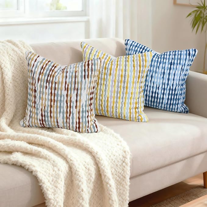 Boho Decorative Throw Pillow Covers 18x18 Inch, Chenille Tufted Pillow Cover Striped Textured Square Farmhouse Accent Pillowcase for Couch Sofa Bedroom Living Room, Blue White Stripe, 2 Pack