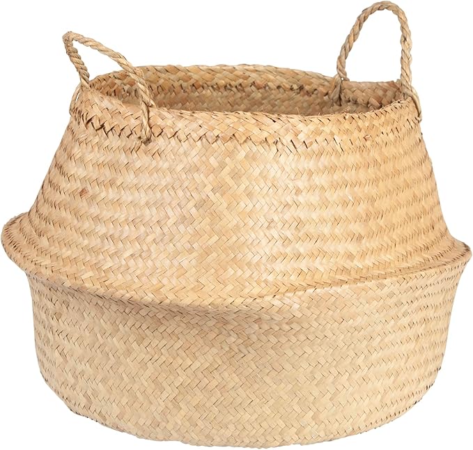 Large Beige Collapsible Seagrass Basket with Handles