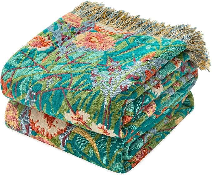 Boho Throw Blanket for Couch Sofa Chair Cotton Spring Breathable Blankets for Bedroom Living Room All Season Soft Lightweight Reversible Floral Embroidery Throws 50"x60" Home Decor