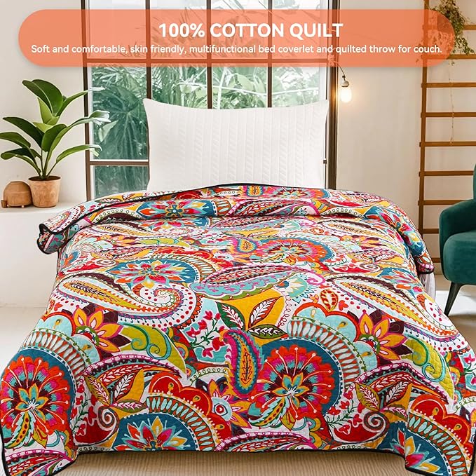 Qucover Cotton Quilted Throw Blanket, Soft Boho Quilt 59"x79", Bright Colorful Red, Orange, Pink and Blue Reversible Paisley Lightweight Quilts for Couch Sofa Beds