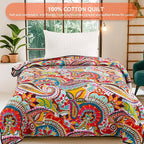 Qucover Cotton Quilted Throw Blanket, Soft Boho Quilt 59"x79", Bright Colorful Red, Orange, Pink and Blue Reversible Paisley Lightweight Quilts for Couch Sofa Beds