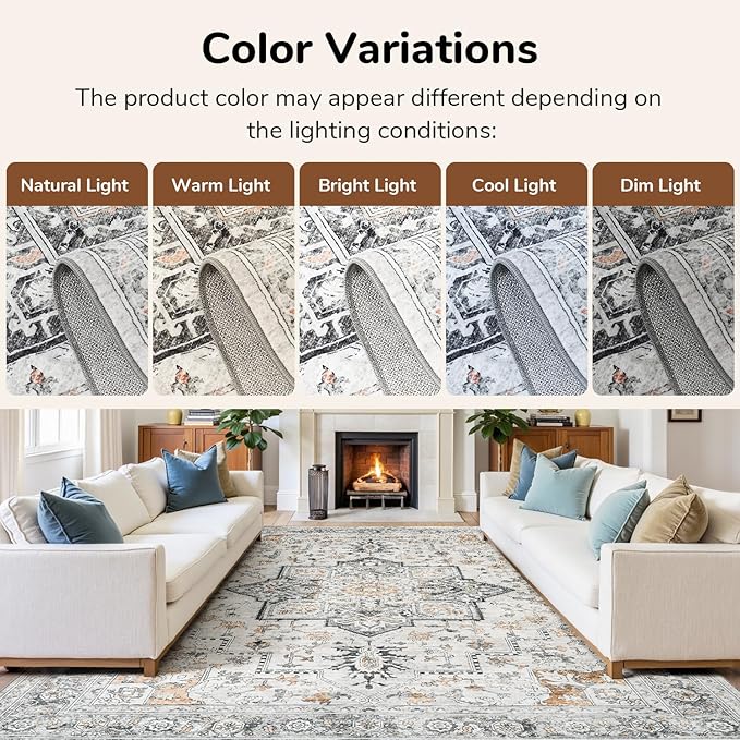 Lessymo 6x9 Area Rugs for Living Room, Washable Rug for Bedroom Dining Room, Soft Vintage Indoor Carpet Non Slip, Large Boho Rug Low Pile for Dorm Office Nursery Bedside Home Decor, Grey/Brown